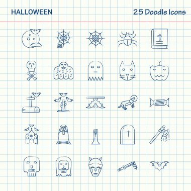 Cadılar Bayramı 25 Doodle simgeler. Elle çizilmiş iş Icon set