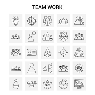 25 el çizilmiş takım çalışması Icon set. Gri arka plan vektör Doodle