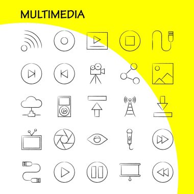 Multimedya el çekilmiş Icon Web, baskı ve mobil Ux/UI için Kit. Gibi: mikrofon, Mike, müzik, ses, hızlı, ileri, hareket, oyun, piktogram paketi. -Vektör