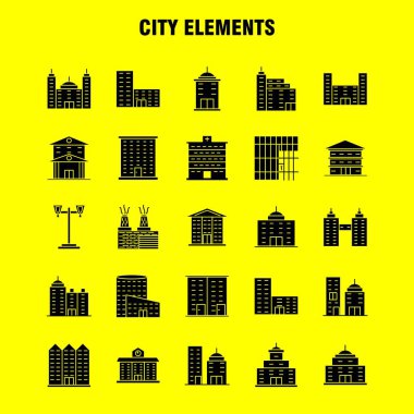 Şehir öğeleri katı glif Icons Set için Infographics, mobil Ux/UI Kit ve baskı tasarımı. Şunları içerir: Tower, Bina, şehir, Office, binalar, Tower, şehir, Office, Eps 10 - vektör