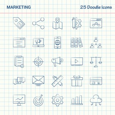 Pazarlama 25 Doodle simgeler. Elle çizilmiş iş Icon set