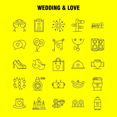 Düğün ve aşk çizgisi Icons Set Infographics, mobil Ux/UI için Kit ve baskı tasarımı. Şunları içerir: Pano, kalp, aşk, metin, havai fişek, yangın, aşk, evlilik, Icon Set - vektör