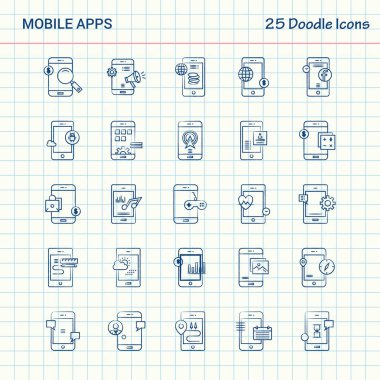 Mobil apps 25 Doodle simgeler. Elle çizilmiş iş Icon set