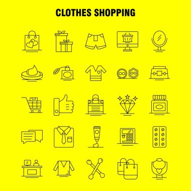 Web, baskı ve mobil Ux/UI için satırı simgesi alışveriş giyim seti. Gibi: gömlek, giyim, kat, katlama, elbise, güzellik, kozmetik, krem, piktogram paketi. -Vektör