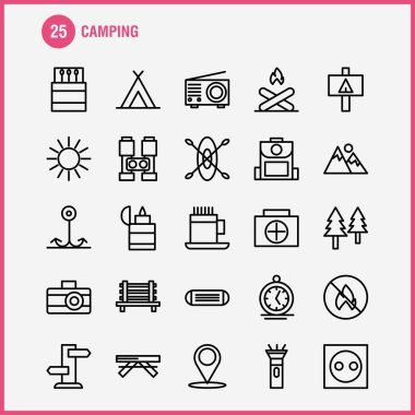Kamp satır Icon Pack için tasarımcılar ve geliştiriciler. Kamp, Outdoor, tezgah, seyahat, kamp, simgeler maç, açık, ateş, vektör