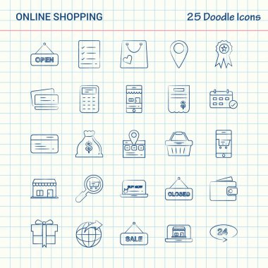 Online alışveriş 25 Doodle simgeler. Elle çizilmiş iş Icon set