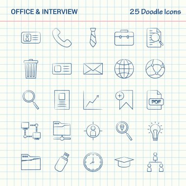 Ofis ve görüşme 25 Doodle simgeler. Elle çizilmiş iş Icon set