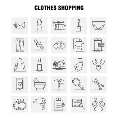 Web, baskı ve mobil Ux/UI için satırı simgesi alışveriş giyim seti. Gibi: dosya, satış, alışveriş, alışveriş, oranı, el çantası, etiket, piktogram paketi. -Vektör