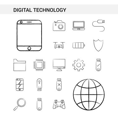 Dijital teknoloji el stil, beyaz arka plan üzerinde izole çekilmiş Icon set. -Vektör