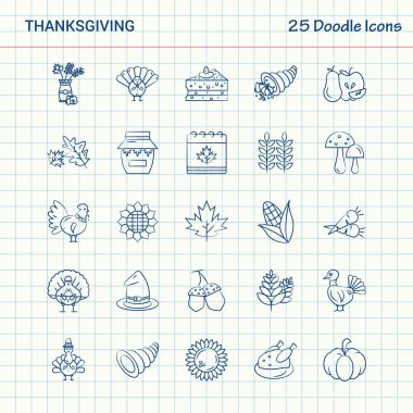 Şükran günü 25 Doodle simgeler. Elle çizilmiş iş Icon set