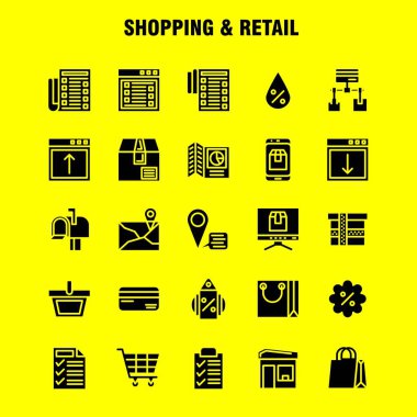 Katı glif Icon Pack tasarımcılar ve geliştiriciler için alışveriş. Simgelerin konumu, sohbet, Sms, alışveriş, posta, posta kutusu, alışveriş, vektör