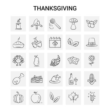 25 el Şükran çekilmiş Icon set. Gri arka plan vektör Doodle