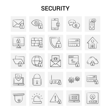 25 el çekilmiş güvenlik Icon set. Gri arka plan vektör Doodle