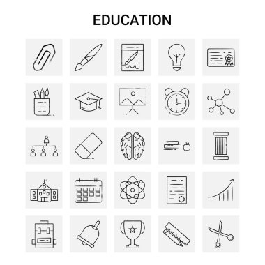 25 el eğitim çekilmiş Icon set. Gri arka plan vektör Doodle
