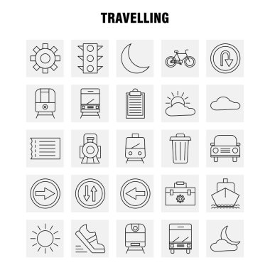 Web, baskı ve mobil Ux/UI için satırı simgesi seyahat seti. Gibi: araç kutusu, kutu, yapılandırma, ayar, ayarları, dişli, korumak, ayar, piktogram paketi. -Vektör