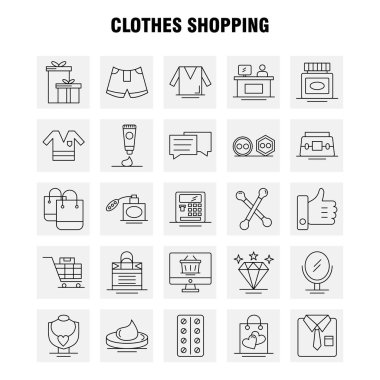 Web, baskı ve mobil Ux/UI için satırı simgesi alışveriş giyim seti. Gibi: gömlek, giyim, kat, katlama, elbise, güzellik, kozmetik, krem, piktogram paketi. -Vektör