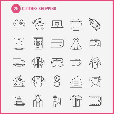 Web, baskı ve mobil Ux/UI için satırı simgesi alışveriş giyim seti. Gibi: hastane, sepet, alışveriş, Bilet, Bilet, seyahat, alışveriş, piktogram Pack sepeti. -Vektör