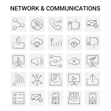 25 el çizilmiş ağ ve iletişim Icon set. Gri arka plan vektör Doodle