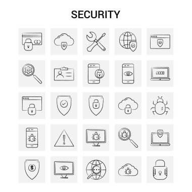 25 el çekilmiş güvenlik Icon set. Gri arka plan vektör Doodle