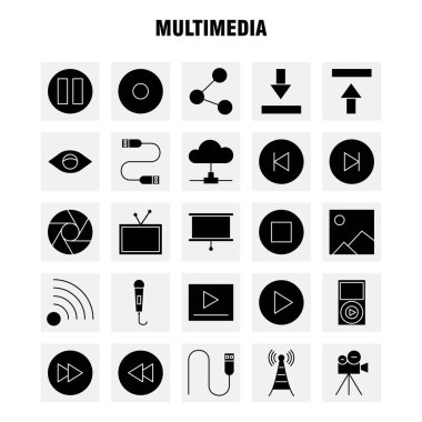 Web, baskı ve mobil Ux/UI için Multimedya katı glif simge seti. Gibi: medya, mikrofon, mikrofon, ses, denetim, hızlı, ileri, medya, piktogram paketi. -Vektör