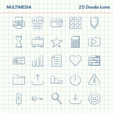 Multimedya 25 Doodle simgeler. Elle çizilmiş iş Icon set