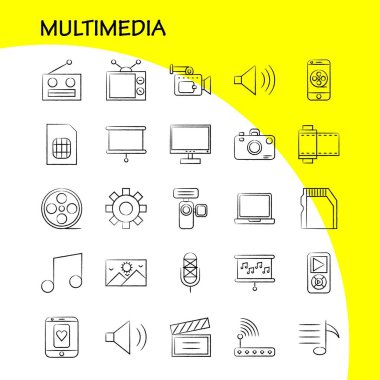 Multimedya el çekilmiş Icon Web, baskı ve mobil Ux/UI için Kit. Gibi: dişli, korumak, ayar, aracı, ayarlama, hoparlör bilgisayar, donanım, piktogram paketi. -Vektör
