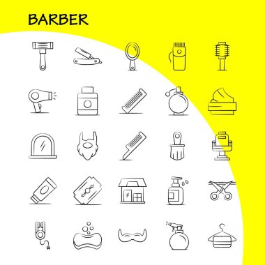 Elle çizilmiş simgeler kümesi Infographics, mobil Ux/UI için berber Kit ve baskı tasarımı. Şunları içerir: Kuaför, yüz, ayna, Kuaför, güzellik, sandalye, saç, Kuaför, Icon Set - vektör
