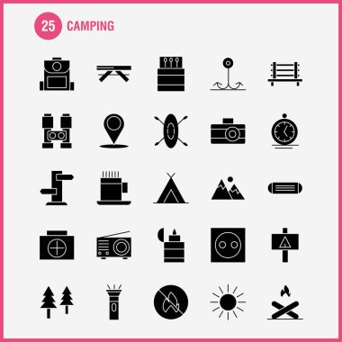 Katı glif Icon Pack için tasarımcılar ve geliştiriciler kamp. Kamp, Outdoor, tezgah, seyahat, kamp, simgeler maç, açık, ateş, vektör