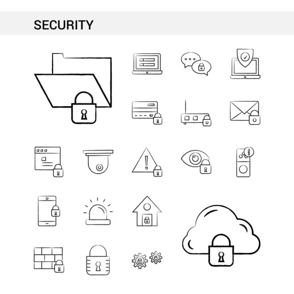 Veiligheid Hand Die Drawn Icon Stijl Set Geïsoleerd Een Witte — Stockvector