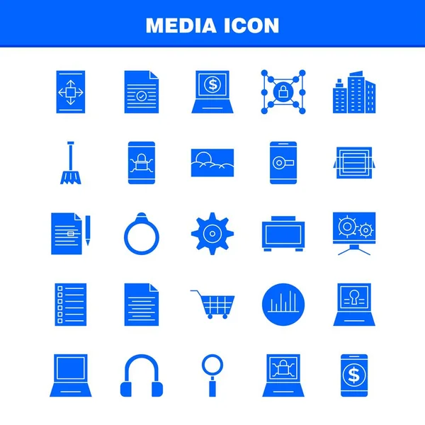 Medya Simgesi Katı Glif Icons Set Için Infographics Mobil Kit — Stok Vektör