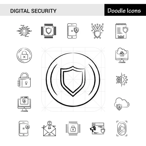 Set Van Digital Security Handgetekende Pictogrammenset — Stockvector