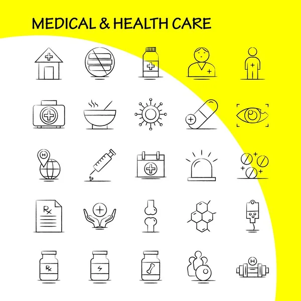 Medical Health Care Hand Drawn Icon Web Print Mobile Kit — Stock Vector