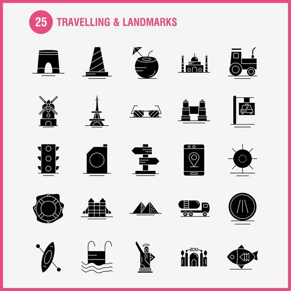 Travelling Landmarks Solid Glyph Icon Web Print Mobile Kit Например — стоковый вектор