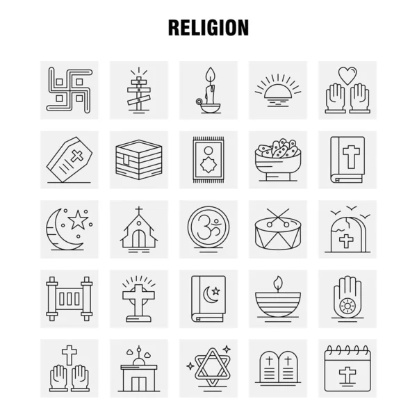 Religion Line Icons Set Infographics Mobile Kit Print Design Dalam - Stok Vektor