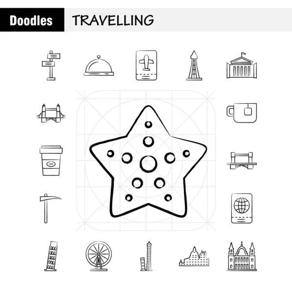 Travelling Hand Drawn Icons Set Infographics Mobile Kit Print Design — стоковый вектор