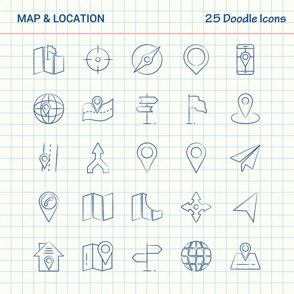 Mapa Localização Ícones Doodle Conjunto Ícones Negócios Desenhados Mão — Vetor de Stock