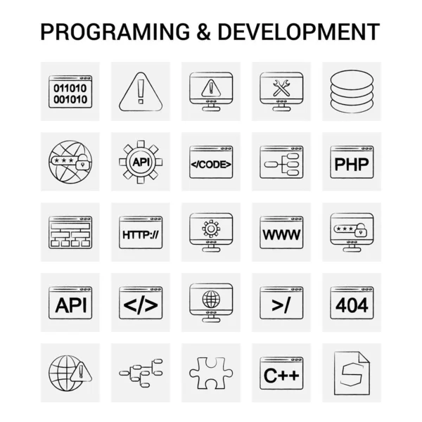 25 çizilmiş El programlama ve geliştirme Icon set. Gri arka plan vektör Doodle