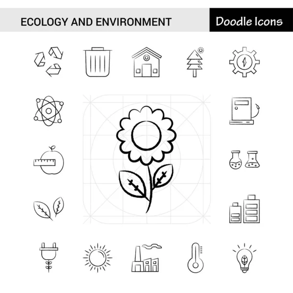 Conjunto Conjunto Iconos Dibujados Mano Ecología Medio Ambiente — Vector de stock