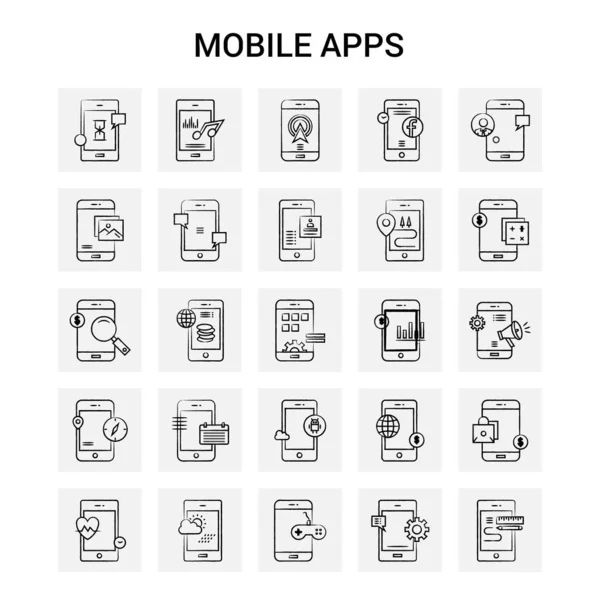 Набор Иконок Hand Drawn Mobile Apps Серый Фоновый Вектор — стоковый вектор