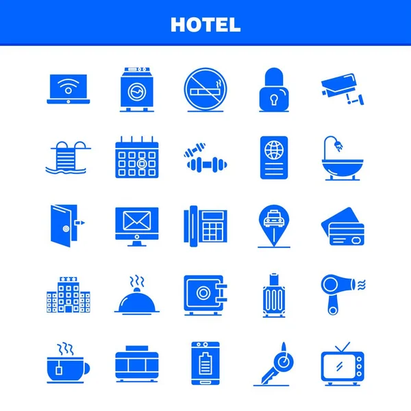 Hotel Solid Glifów Ikony Zestaw Infografiki Mobilnych Kit Projektowania Druku — Wektor stockowy