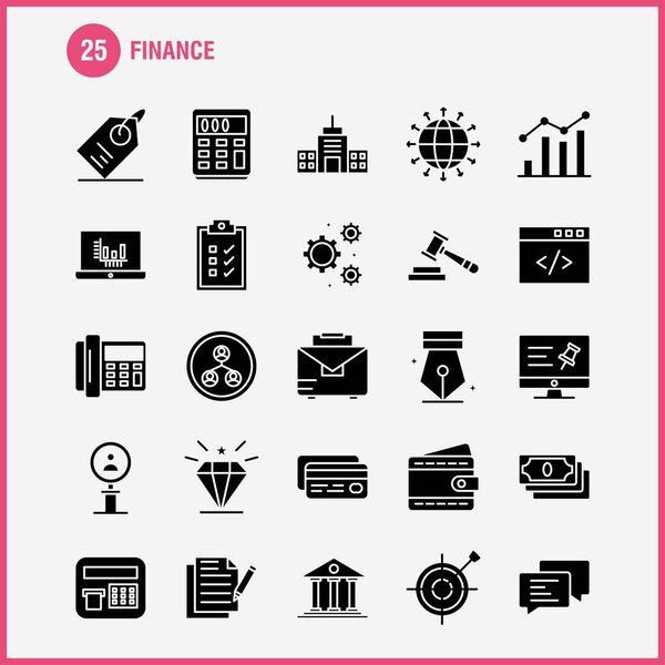 Finance Solid Glyph Icons Set For Infographics, Mobile UX/UI Kit And Print Design. Include: Computer, Pin, Text, Finance, Search, Research, Finance, Man, Icon Set - Vector