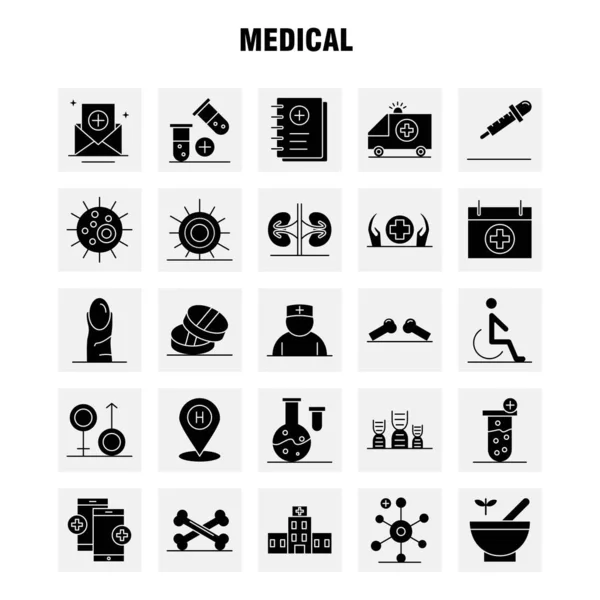 Iconos Médicos Del Glifo Sólido Fijados Para Las Infografías Equipo — Archivo Imágenes Vectoriales