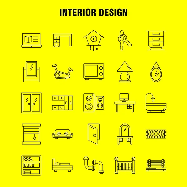 İç tasarım hat simgelerini belirlemek için Infographics, mobil Ux/UI Kit ve baskı tasarımı. Şunları içerir: Halı, mobilya, ev, pencere, ev, ev, kapı, giriş, Eps 10 - vektör