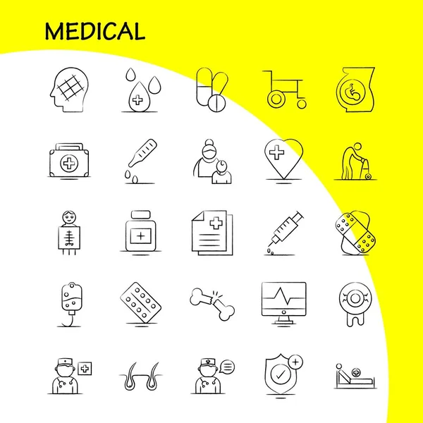 Medizinisches Handgezeichnetes Symbolset Für Infografik Mobiles Kit Und Druckdesign Umfassen — Stockvektor