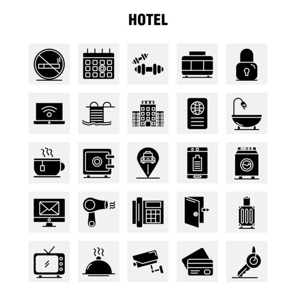 Hotel Solid Glyph Icons Set For Infographics, Mobile UX/UI Kit And Print Design. Include: Check In, Check Out, Door, Hotel, Mobile, Cell, Icon Set - Vector