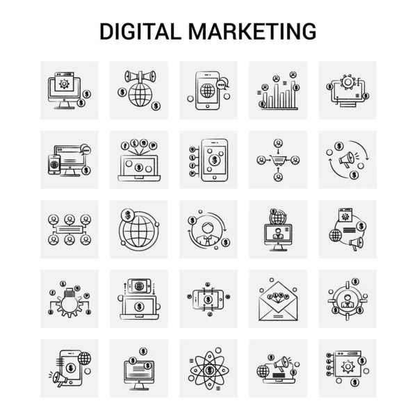 Conjunto Ícones Marketing Digital Desenhado Mão Fundo Cinzento Vector Doodle — Vetor de Stock