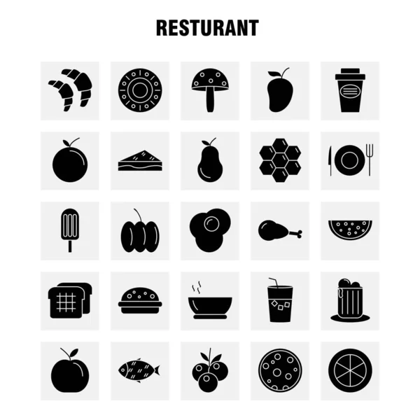 Conjunto Iconos Glifos Sólidos Restaurante Para Infografías Kit Móvil Diseño — Vector de stock