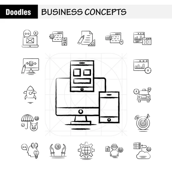 Üzleti Fogalmak Kézzel Rajzolt Ikonok Beállítása Infographics Mobil Kit Nyomtatott — Stock Vector