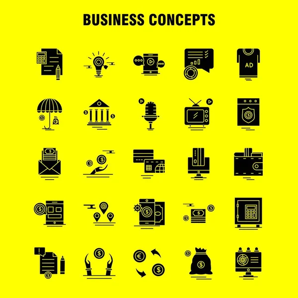 Business Concepts Solid Glyph Icons Set Infographics Mobile Kit Print — стоковый вектор