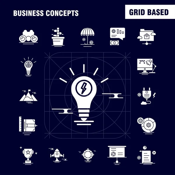 İş kavramları katı glif Icons Set için Infographics, mobil Ux/UI Kit ve baskı tasarımı. Şunları içerir: Belge, dosya, metin, metin dosyası, fikir, ampul, hedef, koleksiyon Modern Infographic Logo ve piktogram. -Vektör